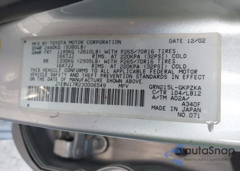 2003 Toyota 4Runner Limited V6 z USA, uszkodzony, nr VIN JTEBU17R230006549